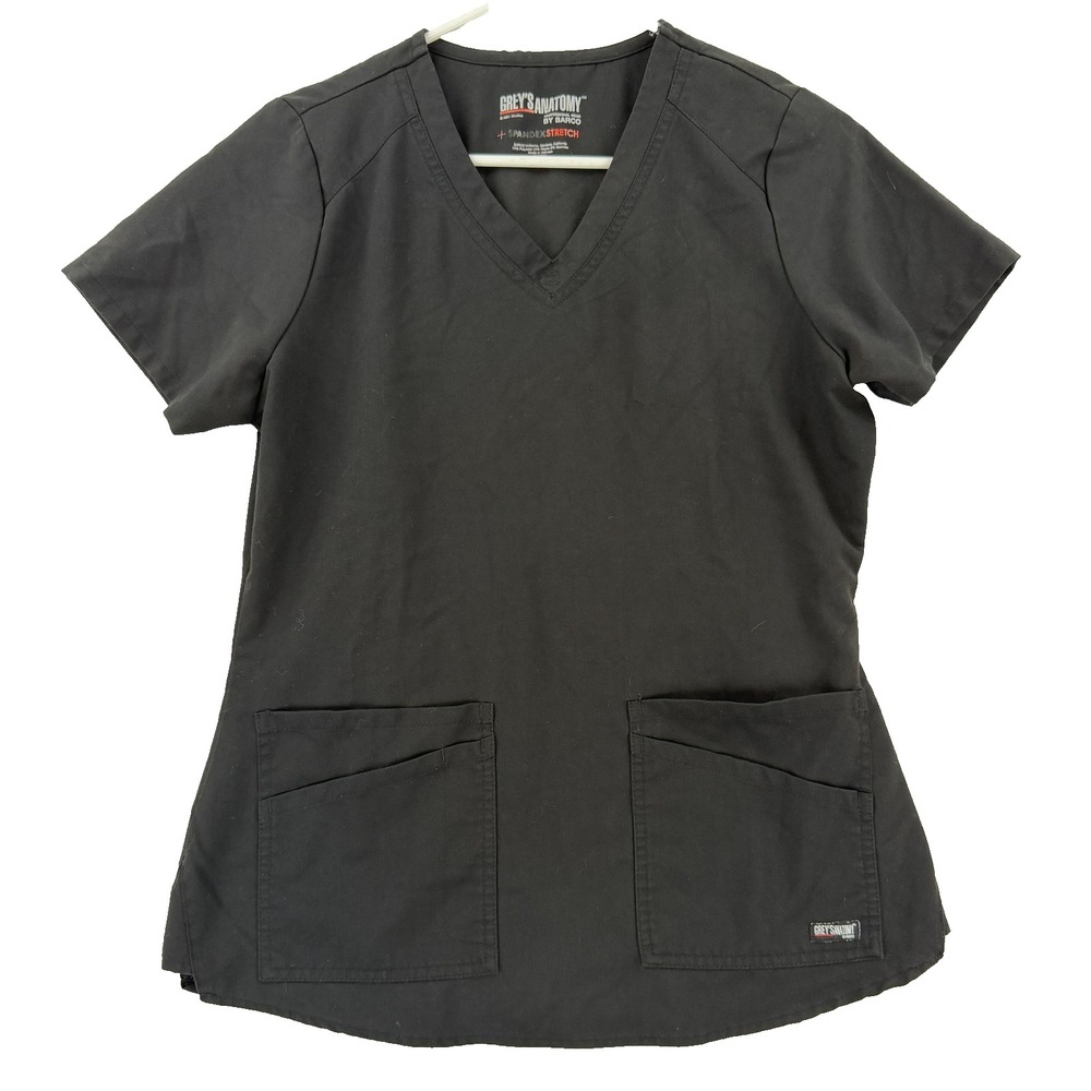 Grey's Anatomy Scrub Shirt Womens Small Black V Neck Spandex Stretch Medical Top
